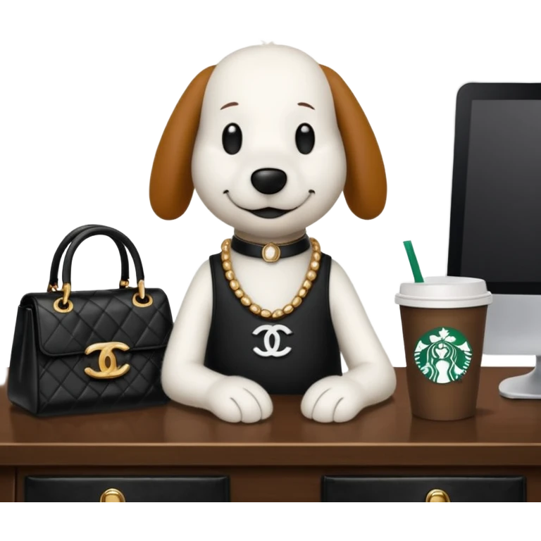 snoopy in a desk with starbucks and his chanel purse emoji