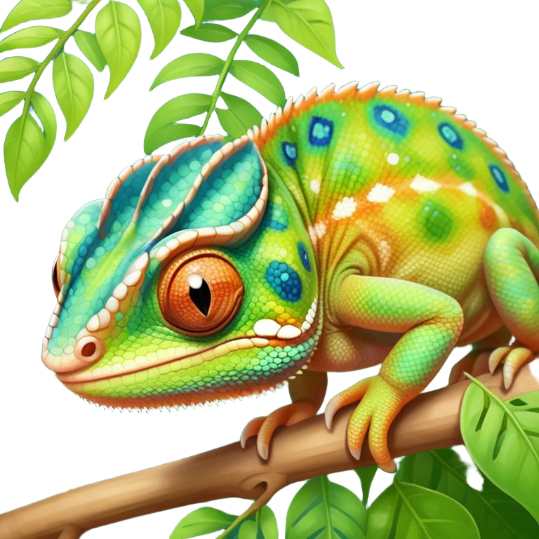 cinematic cute-smiling baby chameleon-realistic emoji,-blending-with-vibrant-greenery.-detailed-scales-in-shifting-colors,-showing-the-chameleon’s-ability-to-camouflage.-soft-natural-light-highlights-its-texture.-nature-background, zoomed into its face emoji