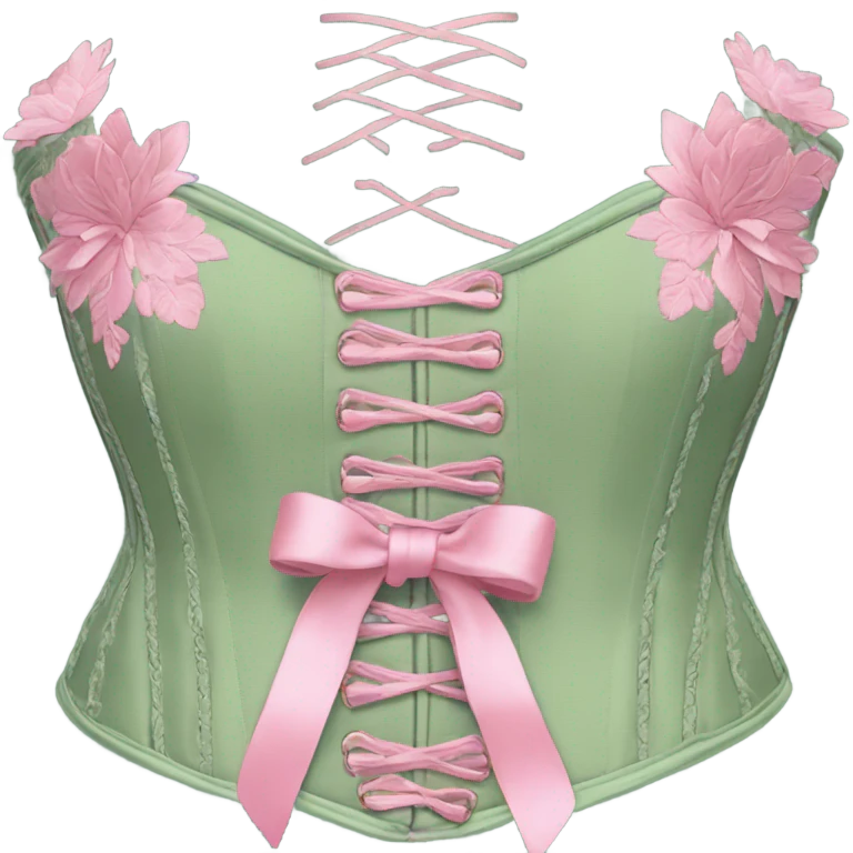 Sage green corset with flower embroidery and pink bows, isolated emoji