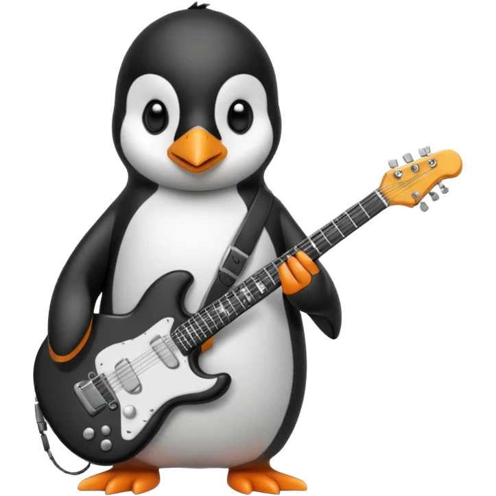 A iPhone style penguin with a electric guitar in his hands emoji