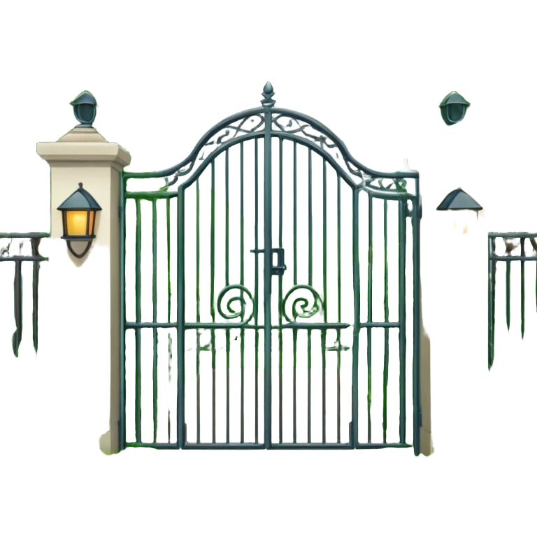 house entrance with iron gate and fence surrounded by lush green plants and bushes emoji