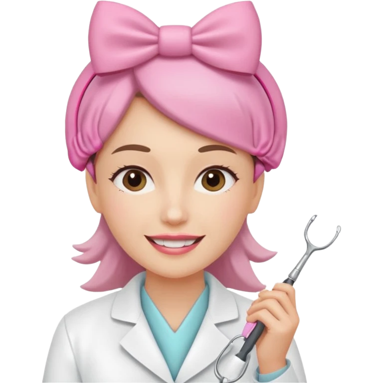 oji style illustration of a female dentist, friendly and smiling, wearing a white coat, with a small pink bow on her head, representing oral cancer awareness, caring and healing, soft colors, simple design, flat illustration, white background. emoji