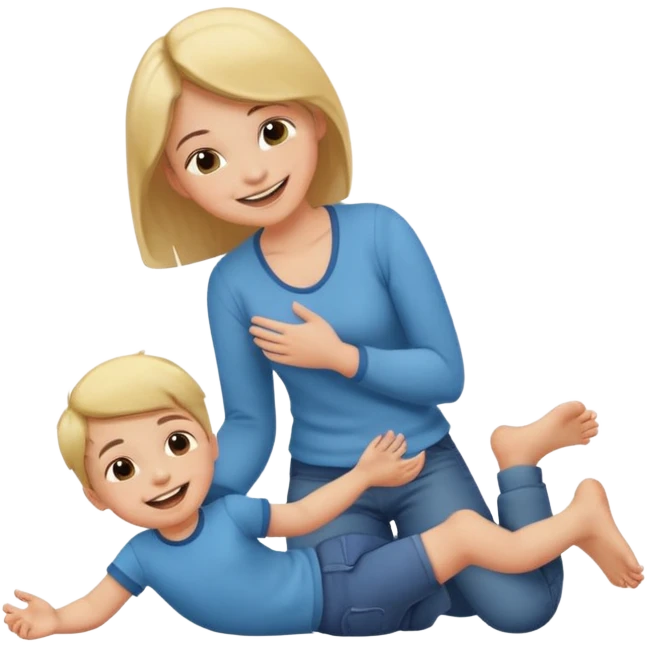 A girl smiling and standing near a little boy, he is on the floor laughing, she wiggling her toes between his thighs tickling him emoji