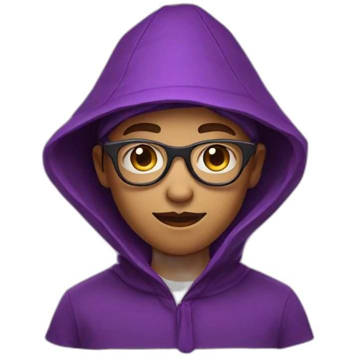 boy in a tunic and a purple triangular hood style hat with glasses emoji