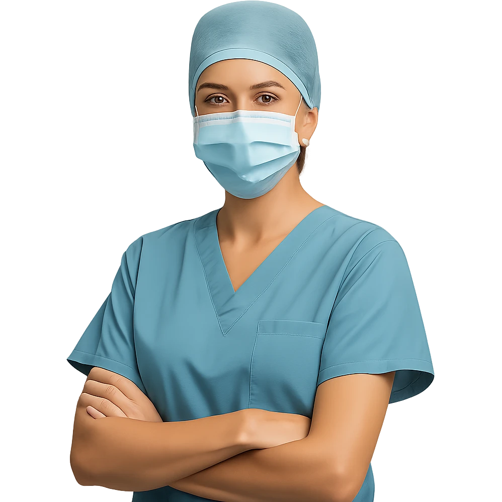 doctor, female, wearing scrubs, with a mask emoji