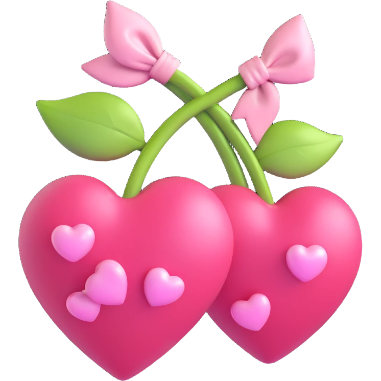two shiny pink cherries shaped like hearts, tied together with a soft pink bow, white background emoji