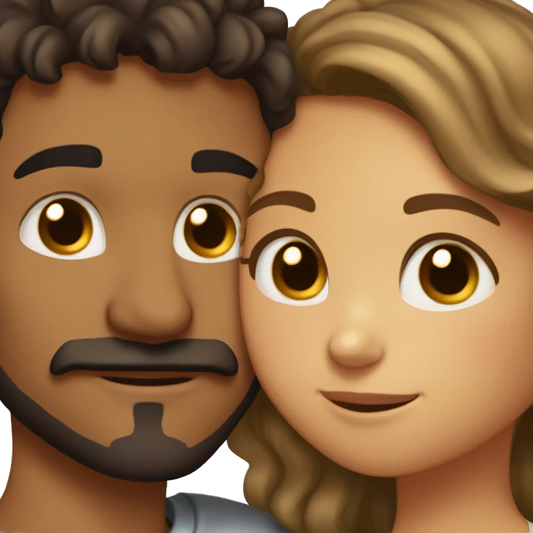 Girl with dark hair, hazel eyes and tan skin hugging a boy with brown curly hair, brown eyes and a mustache and goatee emoji
