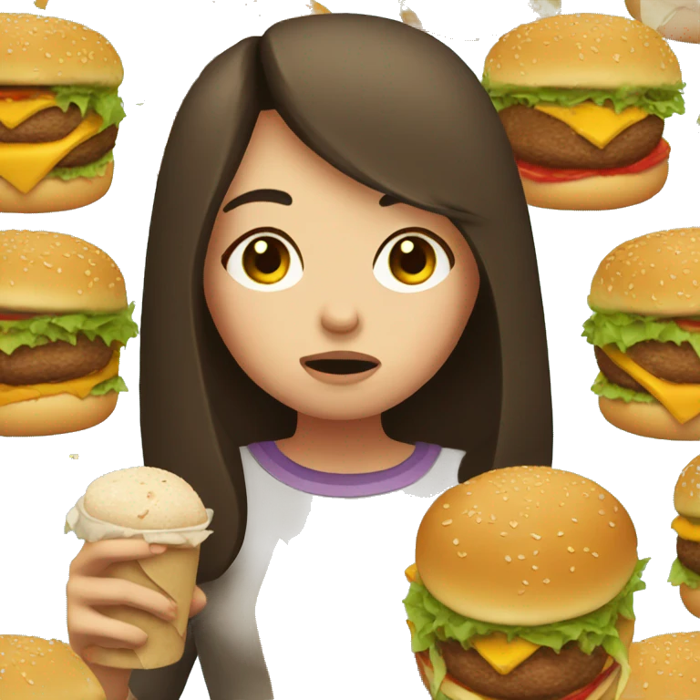 sad brunette girl eating a burger and crying  emoji