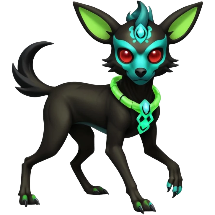 Hyper realistic slim horned skeletal black and neon green futuristic shiny colorful bioluminescent cyber-Poochyena-Zorua-Litten-Houndoom-Fakémon-Pokémon-Digimon-hybrid-fusion (full body) with a skull-mask-face emoji