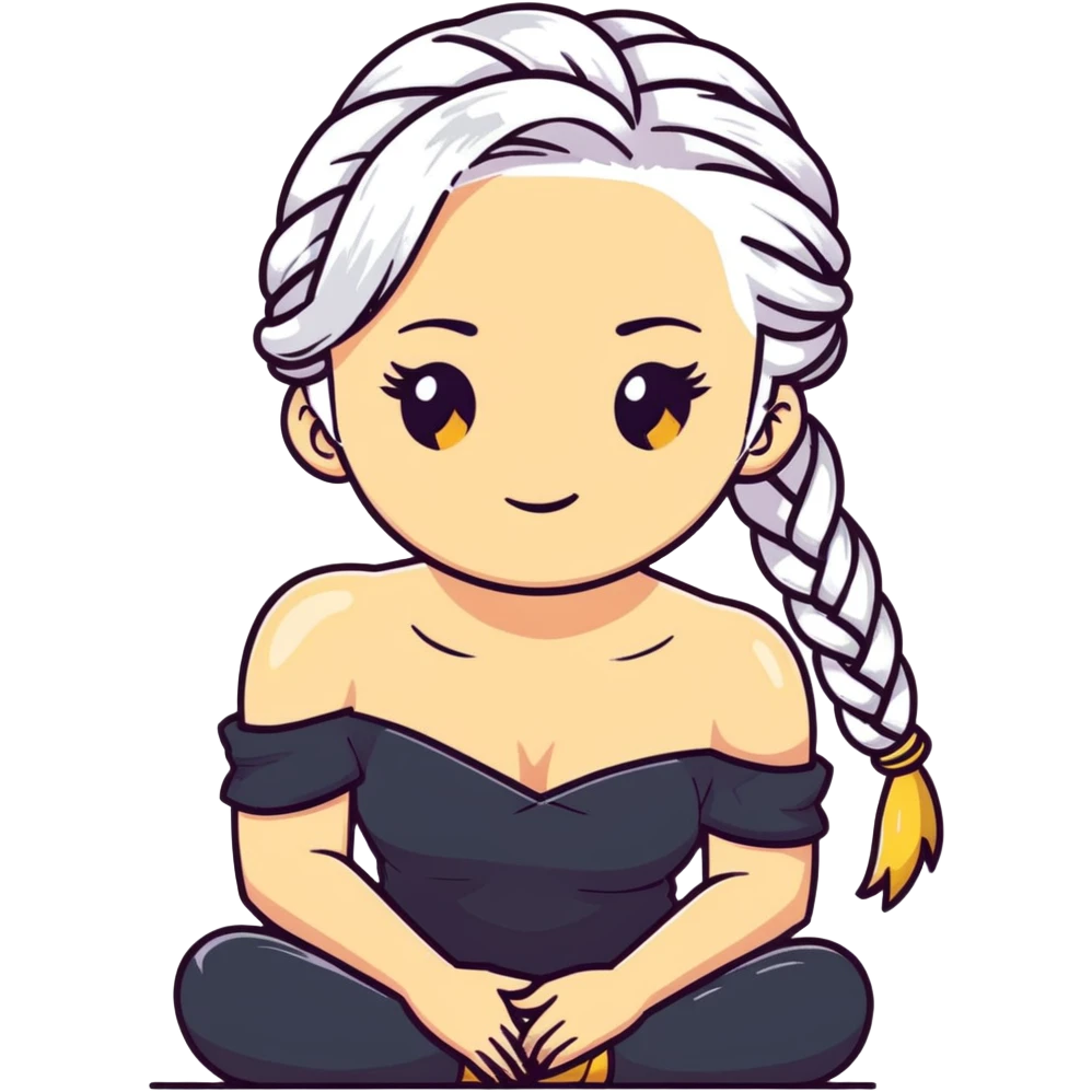 closeup portrait of young woman with gold yellow eyes, white hair in a long braid, black off-shoulder top, punk gothic style, futuristic cyberwave, sitting position emoji