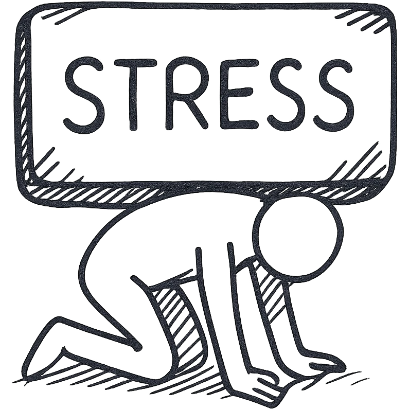 hand drawn outline of a person under a heavy weight labeled 'stress' emoji