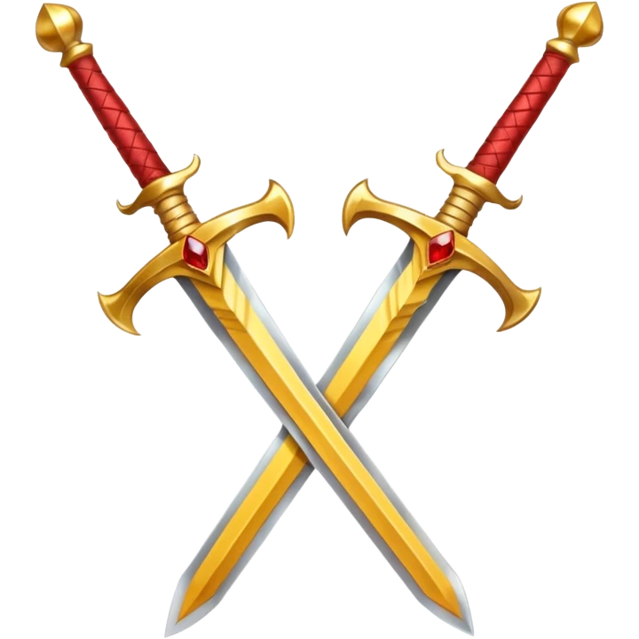 Two crossed swords that are golden in blade and handle and have fiery and royal appearence to them as well as red gem stones yellow in color emoji