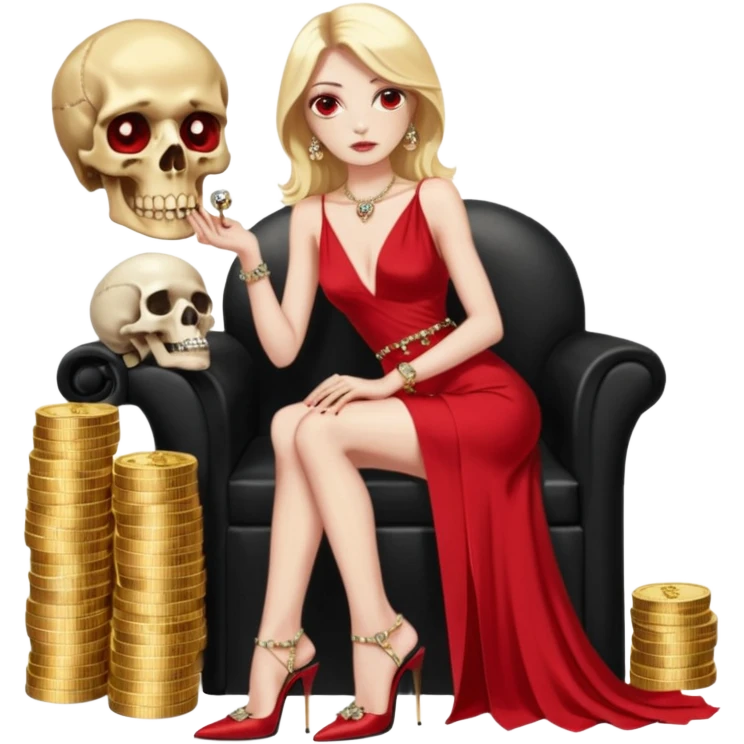 Lilith symbol red eye seductress evil shoulder length blonde haired powerful woman with Gucci  long dress with slit, sitting on of gold and diamonds. Black Platform high heels on feet. seat full of stacks,  dead human skull of her enemies in her other hand emoji