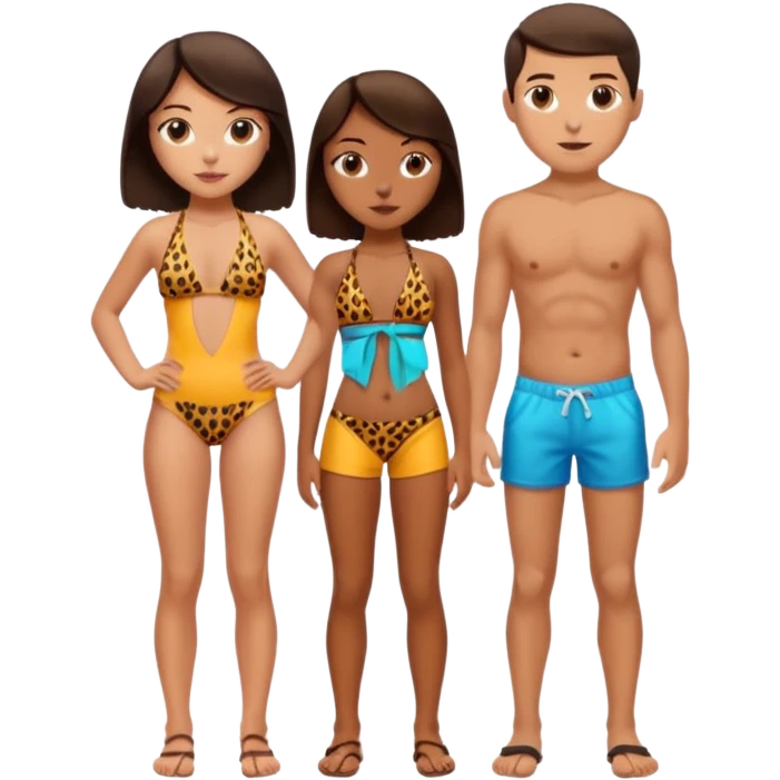 a girl wearing leopard print bikini standing with a boy wearing shorts both brunette emoji