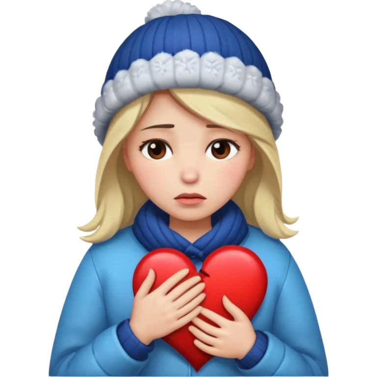 woman broken hearted, shedding a tear, looking down sad holding her heart breaking, wearing a winter outfit emoji