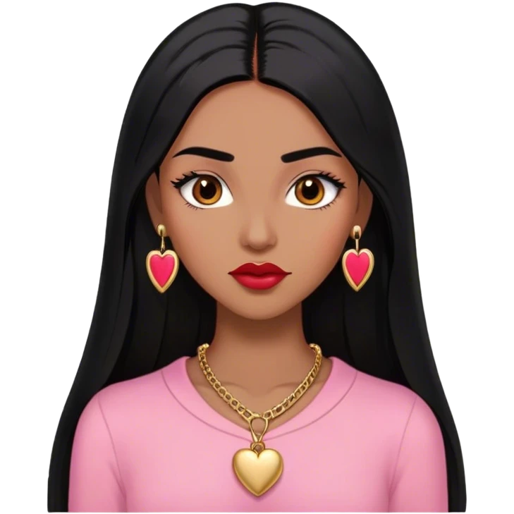 Woman,Medium brown skin,super long black straight hair, medium brown arched eyebrows, full lashes, red nude lips, small stud earrings, gold heart locket, pink shirt emoji
