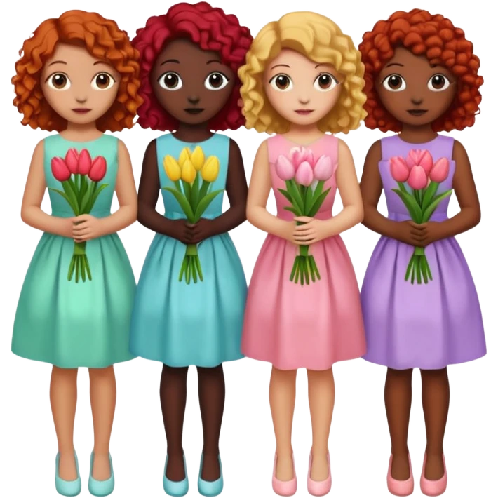 5 girls at a garden party wearing pastel dresses and holding tulips, one is black, one is blond, one has brown hair, one has red hair, the last one is has curly hair emoji