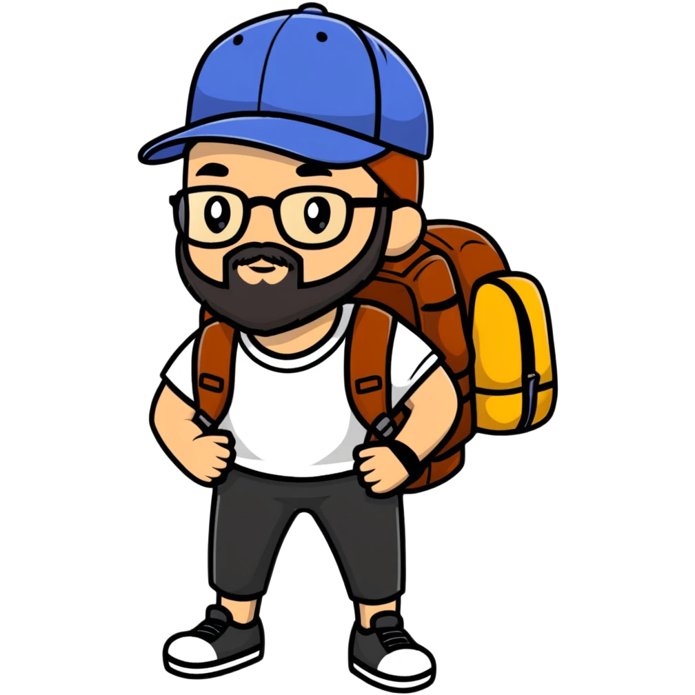 adventurer with backpack, small beard, glasses and backwards baseball cap emoji