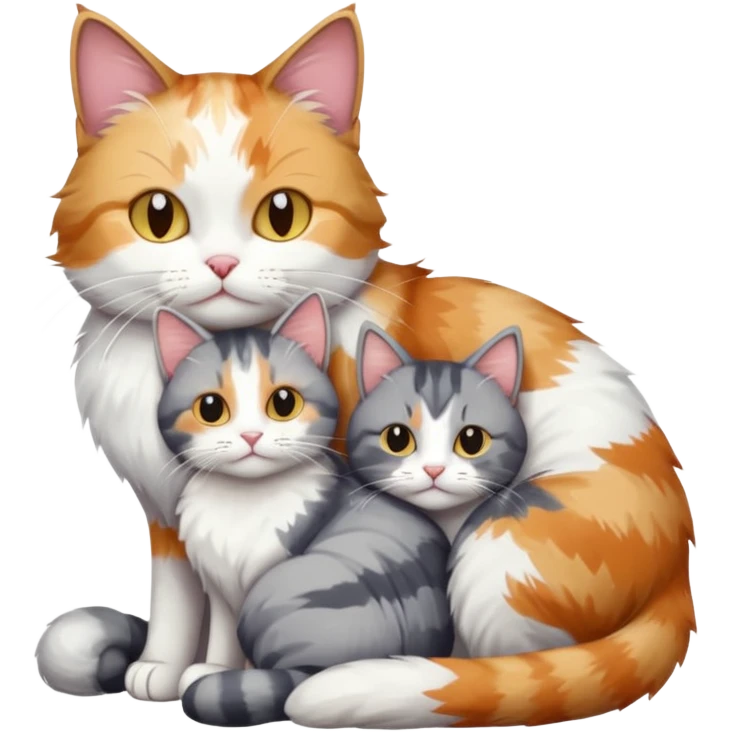 full body colourful light patched calico + white tabby cat cuddling a grey and white cat  emoji