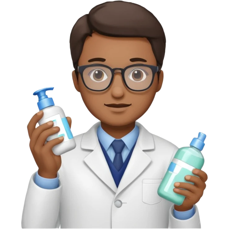 man with white coat and glasses holding skincare products emoji