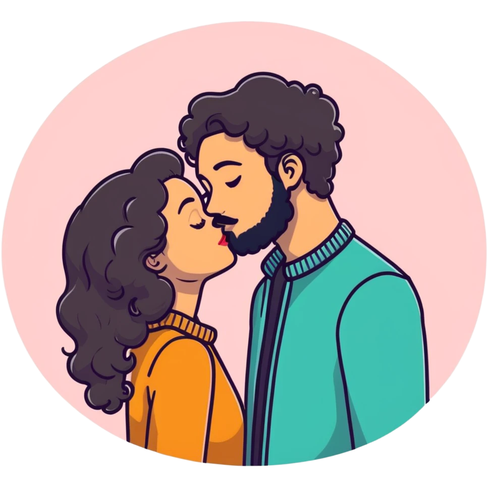 Curly haired girl kissing straight hair man with beard, romantic couple emoji
