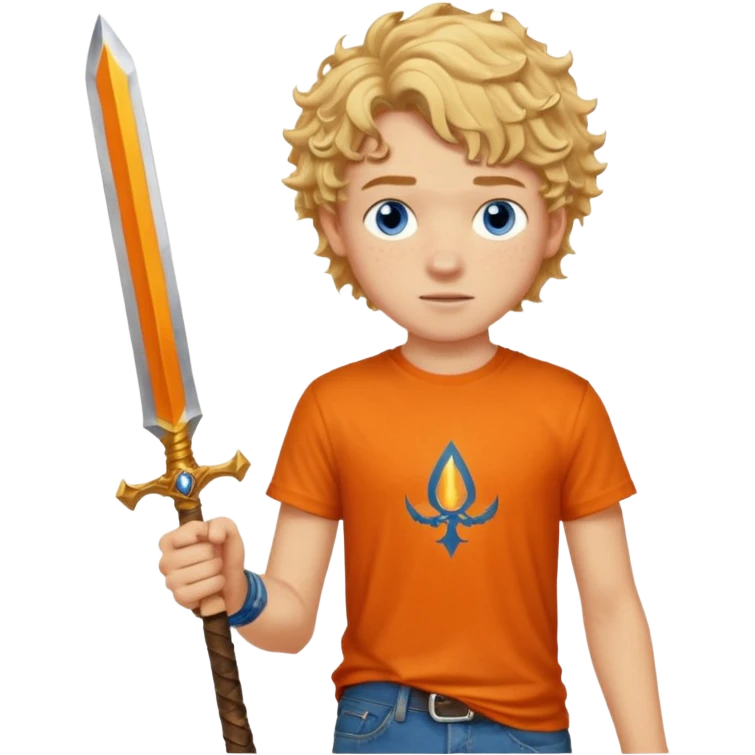 20 year old boy with curly blond hair and blue eyes with freckles wearing an orange no blue “Camp Halfblood” tshirt with the official percy jackson camp halfblood logo on it and blue jeans have him swinging a gold sword  emoji
