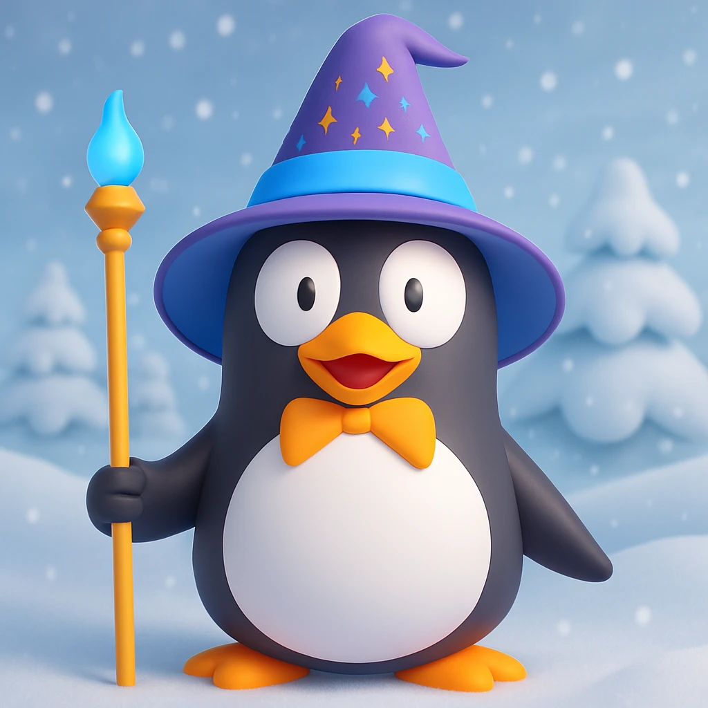 Add a snowy background behind the penguin wizard, keeping the 3D emoji style with a Microsoft fluent 3D look. emoji