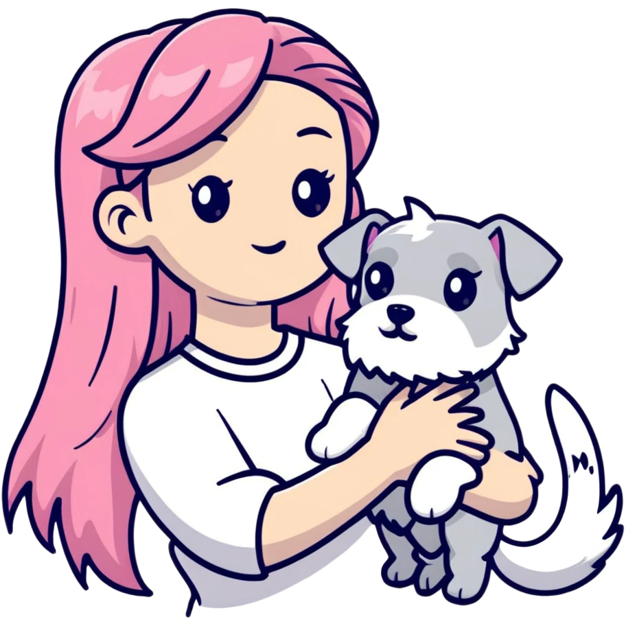 Girl with long flowing pink hair holding a white schnauzer dog emoji