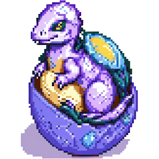 pixel art dinosaur, hatching from egg, purple, simple background emoji