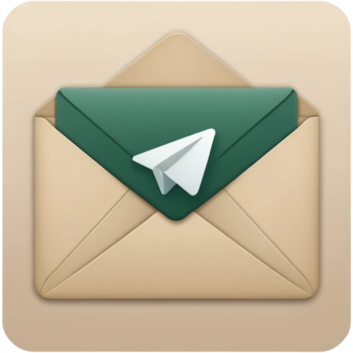 Telegram logo in iOS style, dark green with light beige elements, no other colors, envelope only without background or square, minimalist design emoji