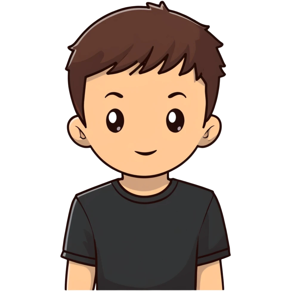 boy with straight short brunette hair brown eyes black tshirt on and tree behind emoji