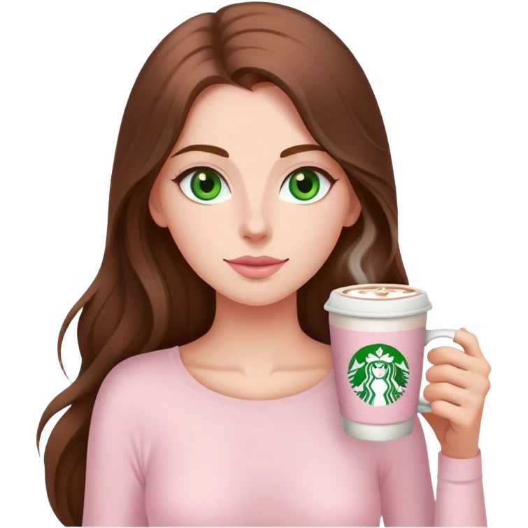 pretty woman with very long brown hair and green eyes and light pink outfit drinking a latte emoji