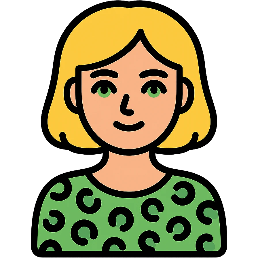 A blonde woman with green eyes and a bob haircut, wearing a green leopard print blouse emoji