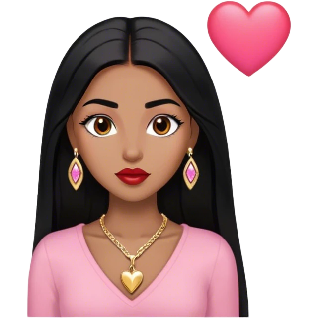 Woman,Medium brown skin,super long black straight hair, medium brown arched eyebrows, full lashes, red nude lips, diamond short earrings, gold heart locket, pink shirt emoji