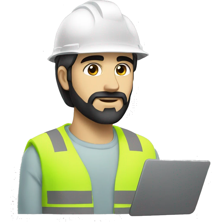 A young Armenian builder engineer with a light black beard, a white helmet and a phosphorescent protection jacket emoji