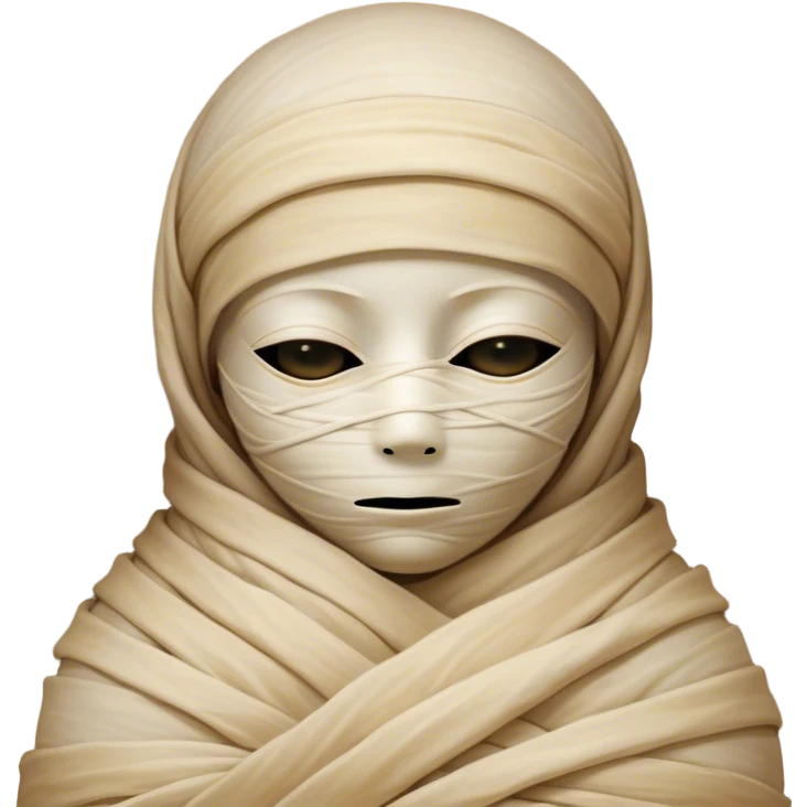 A snug, cozily wrapped mummy, fully encased in soft, slightly loose bandages, even its face gently hidden behind folds with only a tiny glimpse of sleepy eyes, nestled in warm, faded tones with gentle golden accents, simplified yet irresistibly charming, highly detailed with a soft glowing outline capturing the peaceful aura of an ancient being drifting into rest! emoji