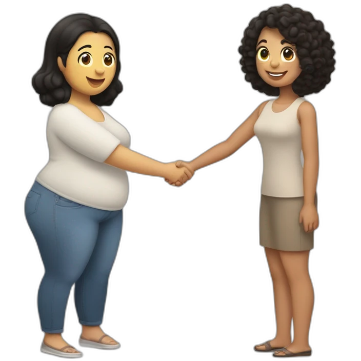 tan chubby woman with black curly hair shakes hands with a chubby pale woman who has straight light brown hair emoji
