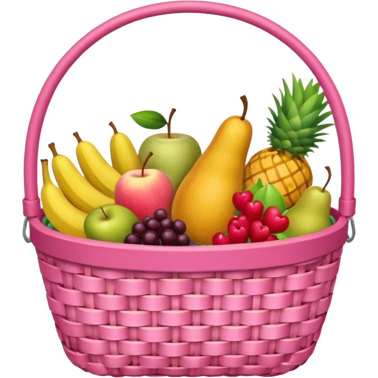 Food Basket, Pink basket, plaid lining, with both food, drink and fruits emoji