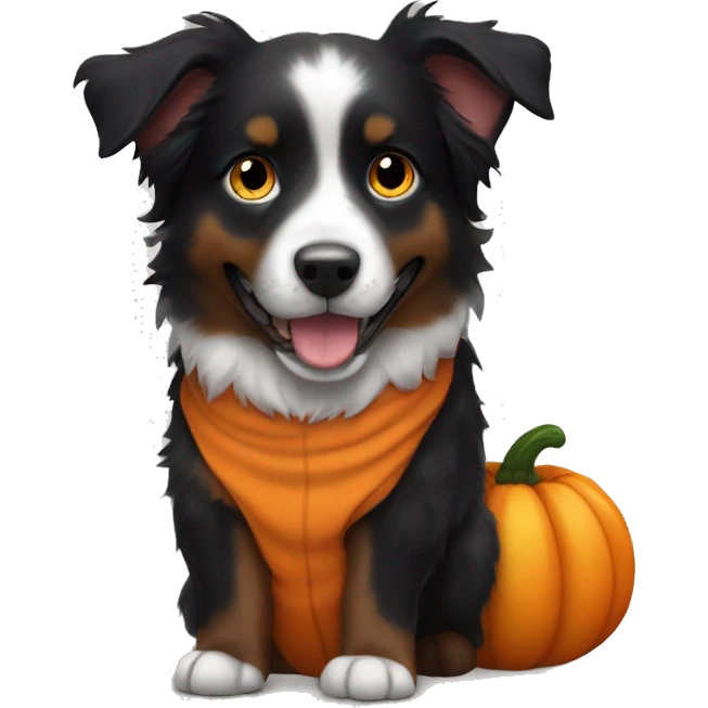 Small black australian shepherd dog in a pumpkin emoji