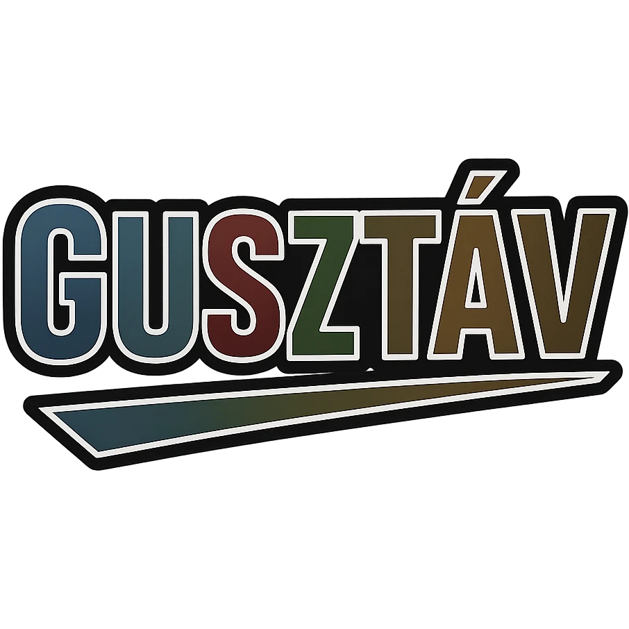 Gusztáv name in masculine, modern, gradient font with precise Hungarian characters, dark contour, prominent visible white border, dynamic slanted underline, masculine color shades including blue, gray, burgundy, green, brown, 1000x1000 px, PNG, transparent background emoji