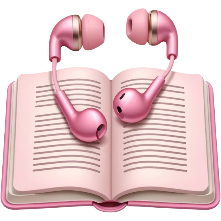  pink Pink Apple-style earbuds lying on an open book, soft pastel tones, cozy and minimal aesthetic, realistic lighting and shadows, top-down view, transparent background" emoji