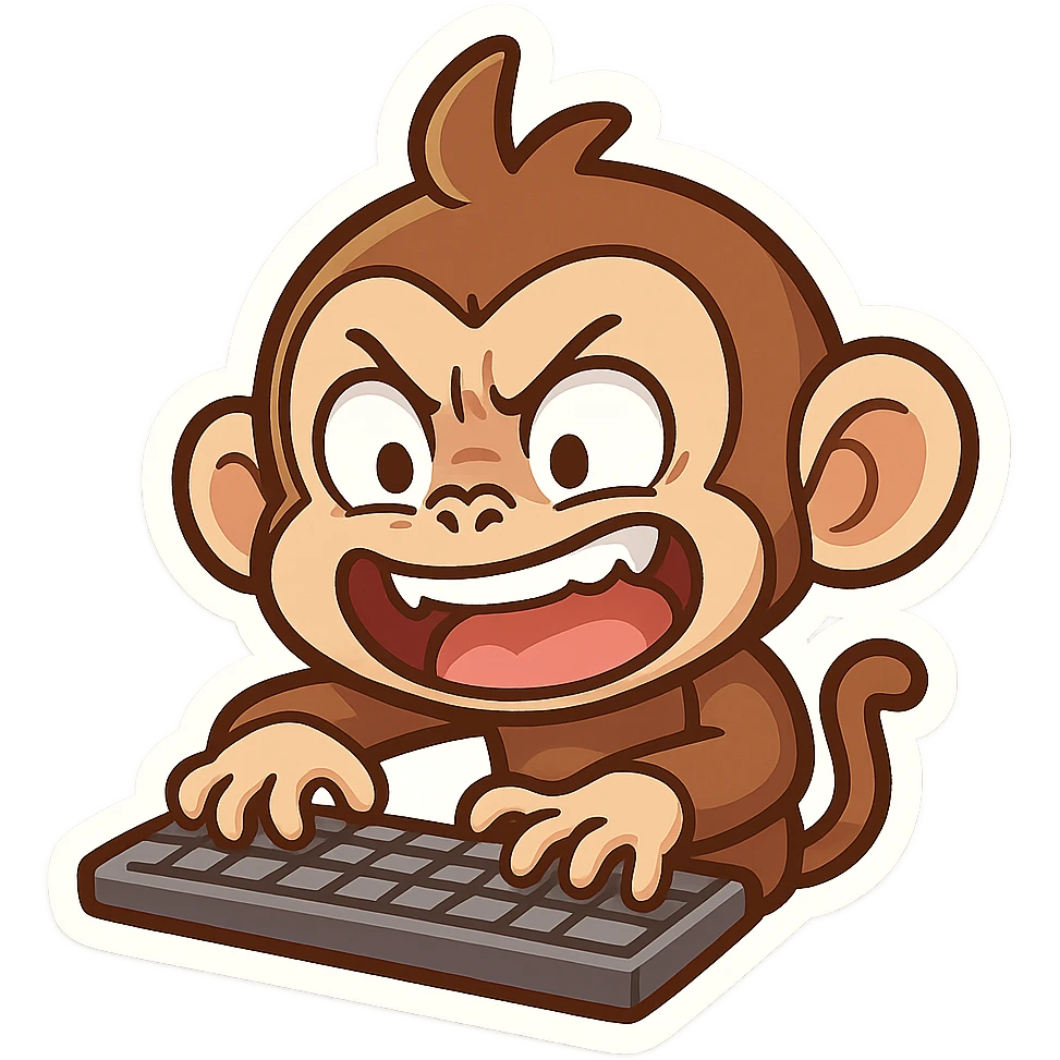 funny style monkey crazily typing on computer keyboard with both hands, exaggerated expression emoji