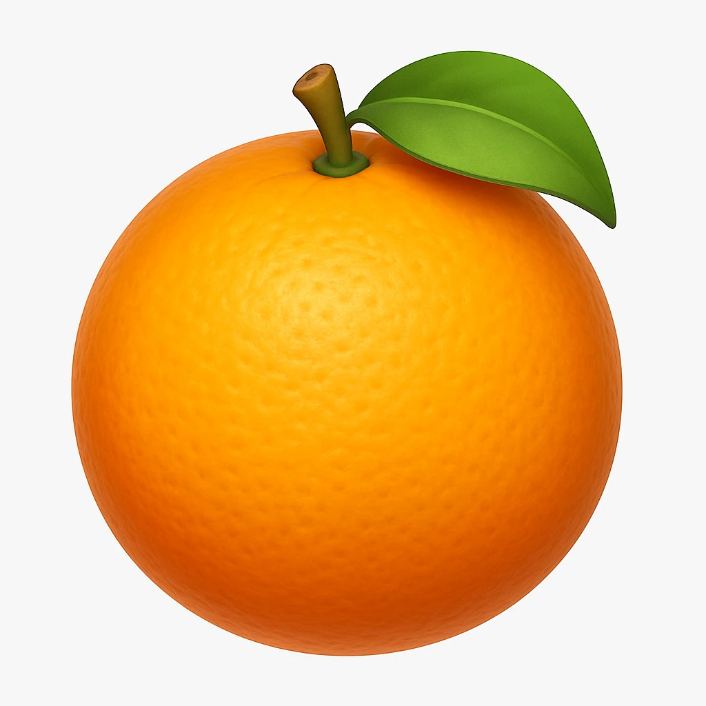 Create an orange fruit emoji in iOS emoji style, 3D, shiny, with smooth gradients, soft shadows, and realistic orange texture. The emoji should not have a face and should resemble the reference image. Add a subtle highlight to the orange surface. emoji