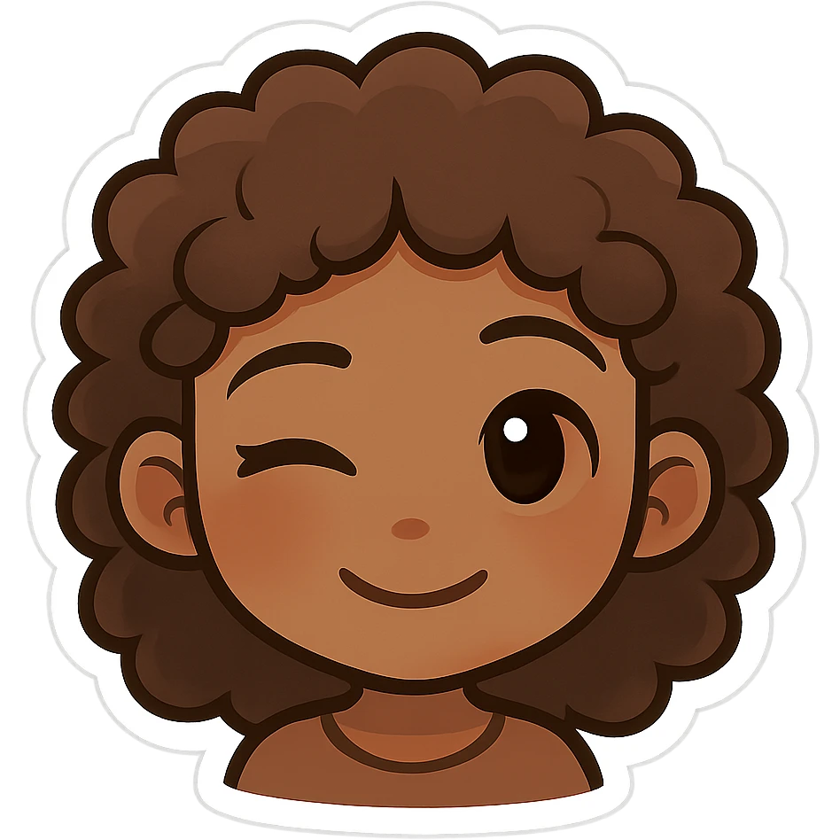 chibi emoji of a female with curly hair and brown skin, winking expression emoji