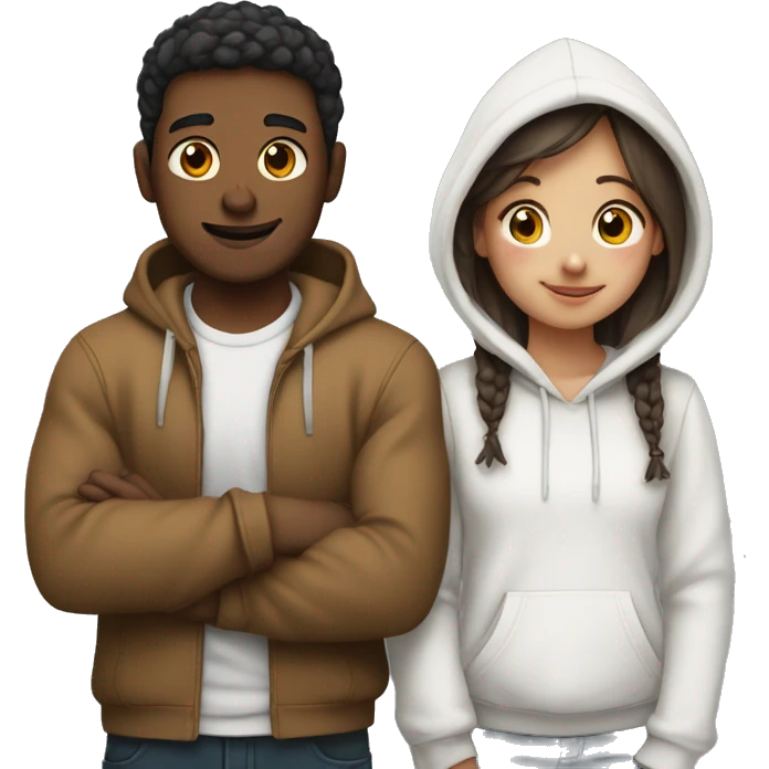 An emoji of a man wearing a white hoodie, standing next to his sister. He is hugging her warmly, showing a close sibling bond emoji