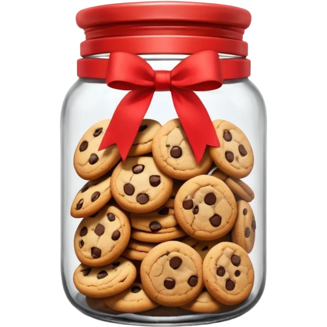 A chewy chocolate chip cozy cookie in an organized jar, saying "Cookie Jar" with some small illustrations on the jar to indicate there are cookies stored inside, a big red ribbonon the lid emoji