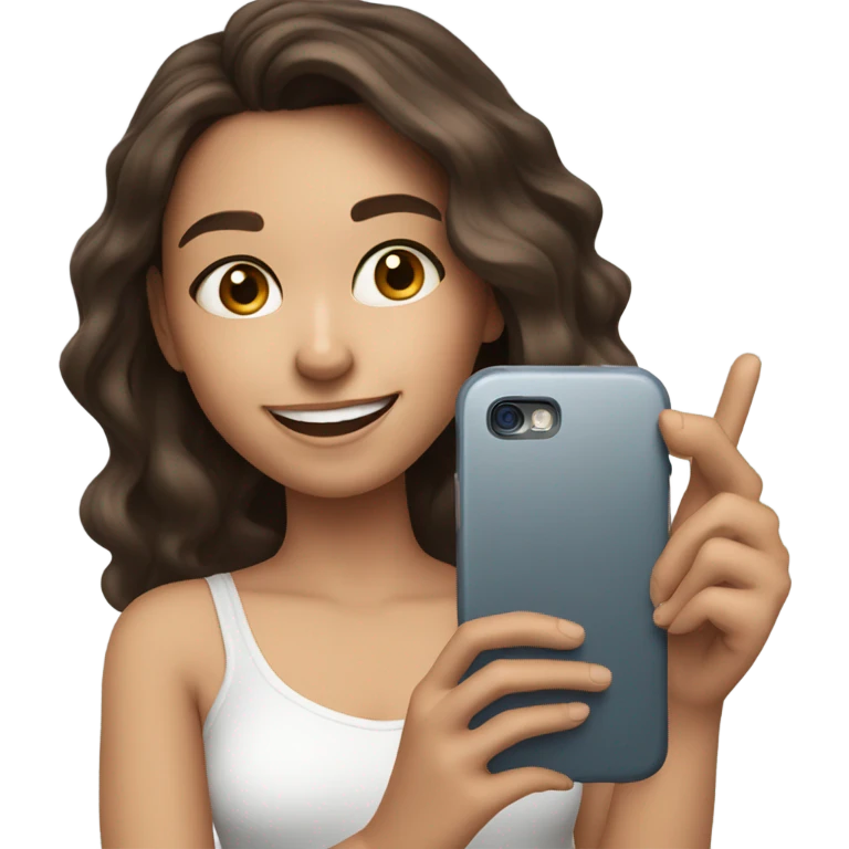 Brunette white girl taking picture with a phone emoji