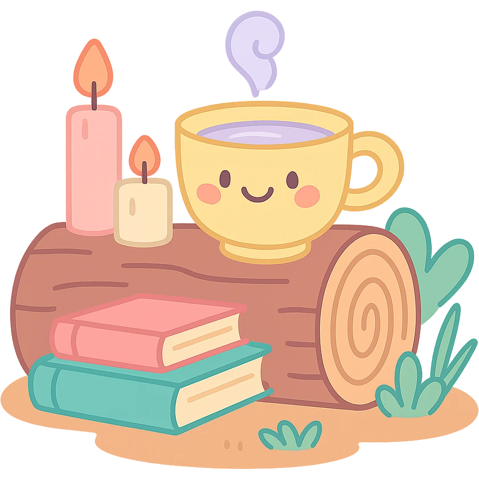 a log with tea, books, and candles, soft forest journaling mood, soft pastel colors, pastel-toon style emoji