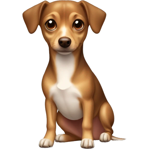 Chiweenie mixed dog with brown head, tiny little triangle, white spot on head, white body with brown patches emoji