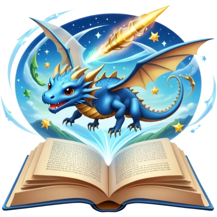 Icon for Fantasy and Sci-Fi Reading: an open book with magical creatures like dragons and fairies flying out, with a futuristic spaceship in the sky and a wizard casting spells. The icon should represent the magic and adventure of fantasy and science fiction worlds. Transparent background. emoji